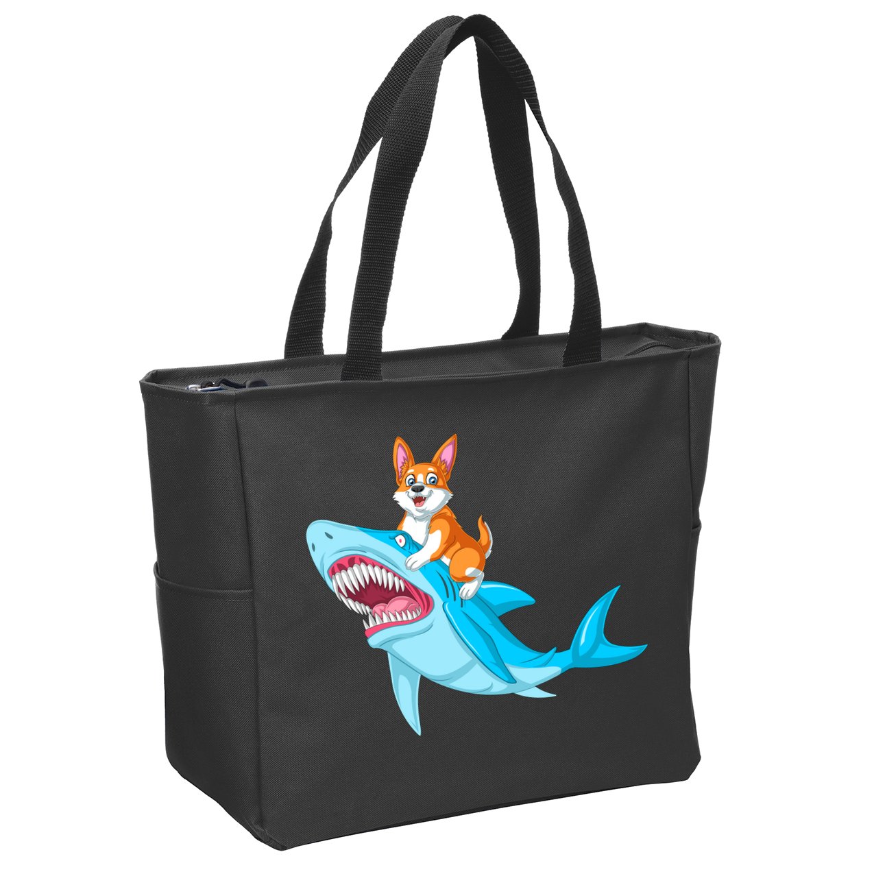 Corgi Riding Shark Zip Tote Bag