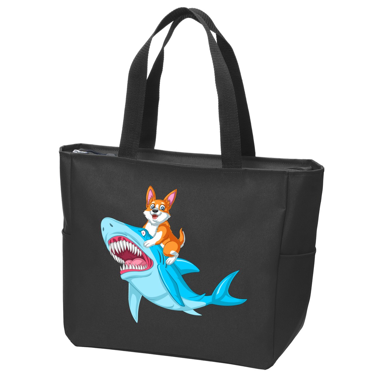 Corgi Riding Shark Zip Tote Bag