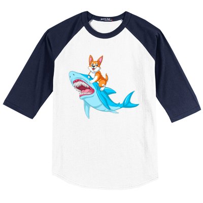 Corgi Riding Shark Baseball Sleeve Shirt