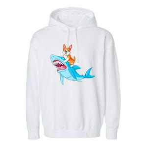 Corgi Riding Shark Garment-Dyed Fleece Hoodie