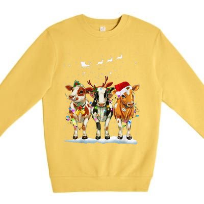 Cow Reindeer Santa Hat Christmas Light Funny Cows Lover Xmas Premium Crewneck Sweatshirt