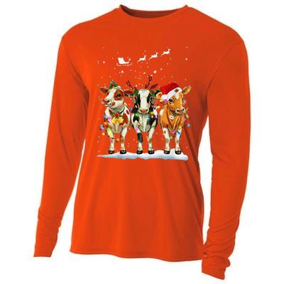 Cow Reindeer Santa Hat Christmas Light Funny Cows Lover Xmas Cooling Performance Long Sleeve Crew