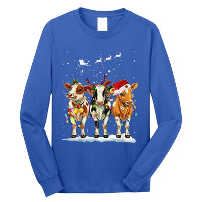 Cow Reindeer Santa Hat Christmas Light Funny Cows Lover Xmas Long Sleeve Shirt