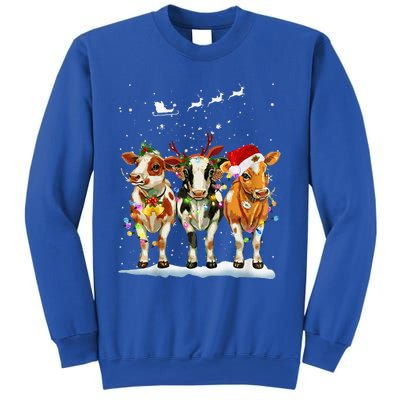 Cow Reindeer Santa Hat Christmas Light Funny Cows Lover Xmas Sweatshirt