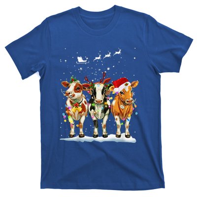 Cow Reindeer Santa Hat Christmas Light Funny Cows Lover Xmas T-Shirt