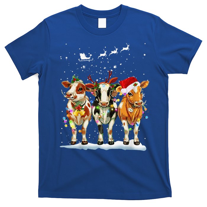 Cow Reindeer Santa Hat Christmas Light Funny Cows Lover Xmas T-Shirt