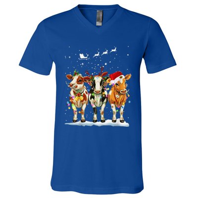 Cow Reindeer Santa Hat Christmas Light Funny Cows Lover Xmas V-Neck T-Shirt