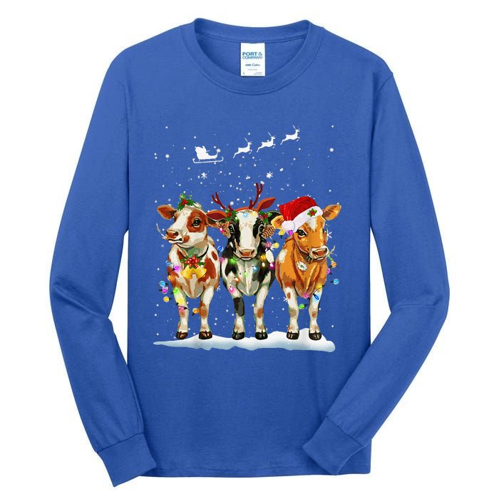 Cow Reindeer Santa Hat Christmas Light Funny Cows Lover Xmas Tall Long Sleeve T-Shirt