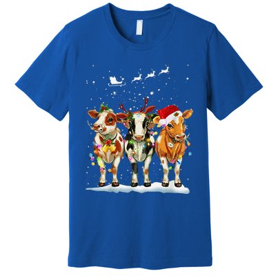 Cow Reindeer Santa Hat Christmas Light Funny Cows Lover Xmas Premium T-Shirt