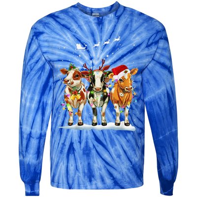 Cow Reindeer Santa Hat Christmas Light Funny Cows Lover Xmas Tie-Dye Long Sleeve Shirt