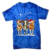 Cow Reindeer Santa Hat Christmas Light Funny Cows Lover Xmas Tie-Dye T-Shirt