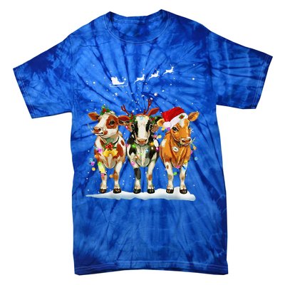 Cow Reindeer Santa Hat Christmas Light Funny Cows Lover Xmas Tie-Dye T-Shirt