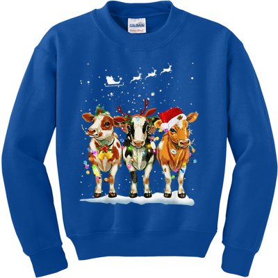 Cow Reindeer Santa Hat Christmas Light Funny Cows Lover Xmas Kids Sweatshirt