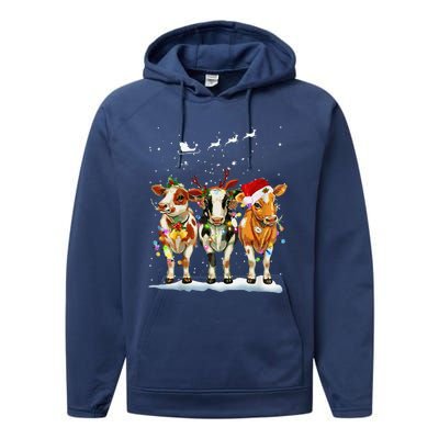 Cow Reindeer Santa Hat Christmas Light Funny Cows Lover Xmas Performance Fleece Hoodie