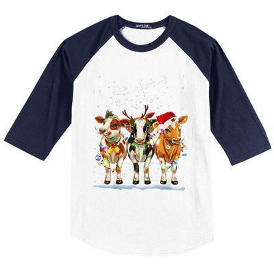 Cow Reindeer Santa Hat Christmas Light Funny Cows Lover Xmas Baseball Sleeve Shirt