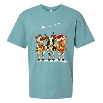 Cow Reindeer Santa Hat Christmas Light Funny Cows Lover Xmas Sueded Cloud Jersey T-Shirt