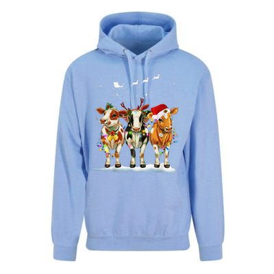 Cow Reindeer Santa Hat Christmas Light Funny Cows Lover Xmas Unisex Surf Hoodie