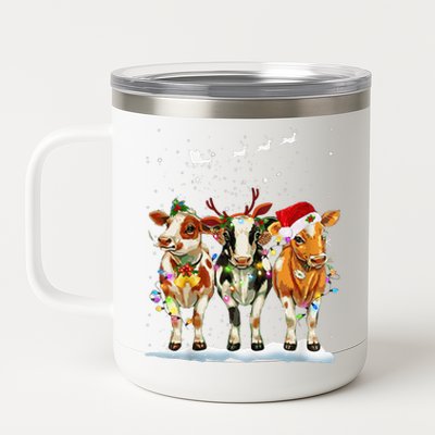 Cow Reindeer Santa Hat Christmas Light Funny Cows Lover Xmas 12 oz Stainless Steel Tumbler Cup