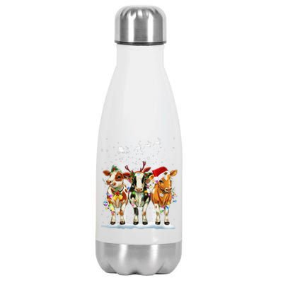 Cow Reindeer Santa Hat Christmas Light Funny Cows Lover Xmas Stainless Steel Insulated Water Bottle