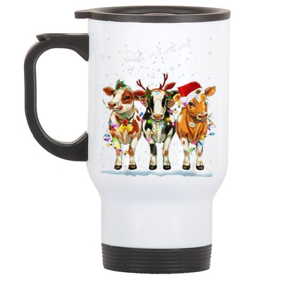 Cow Reindeer Santa Hat Christmas Light Funny Cows Lover Xmas Stainless Steel Travel Mug