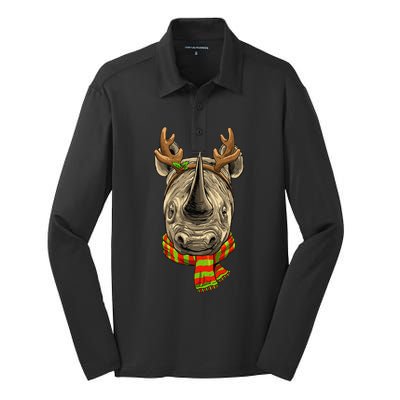 Christmas Rhinoceros Santa Clause Reindeer Xmas Safari Rhino Silk Touch Performance Long Sleeve Polo