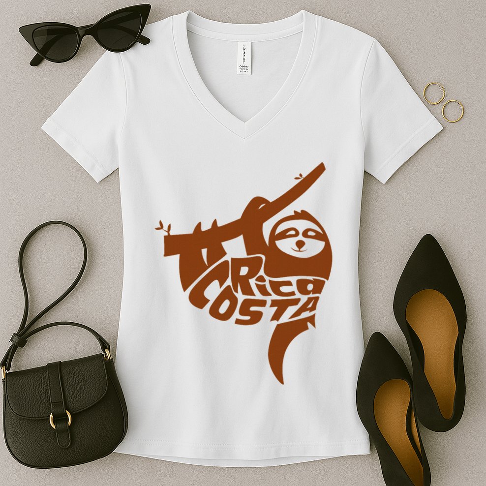 Costa Rica Sloth Word Art Funny Animal Women's V-Neck T-Shirt
