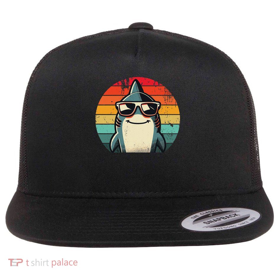 Cool Retro Shark In Sunglasses 70s 80s 90s Funny Shark Flat Bill Trucker Hat