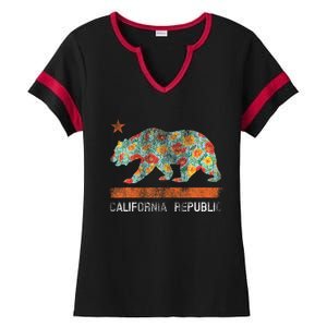 California Republic State Bear Star Poppy Flower La Cali Ladies Halftime Notch Neck Tee