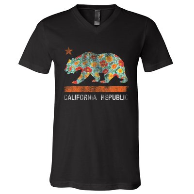 California Republic State Bear Star Poppy Flower La Cali V-Neck T-Shirt