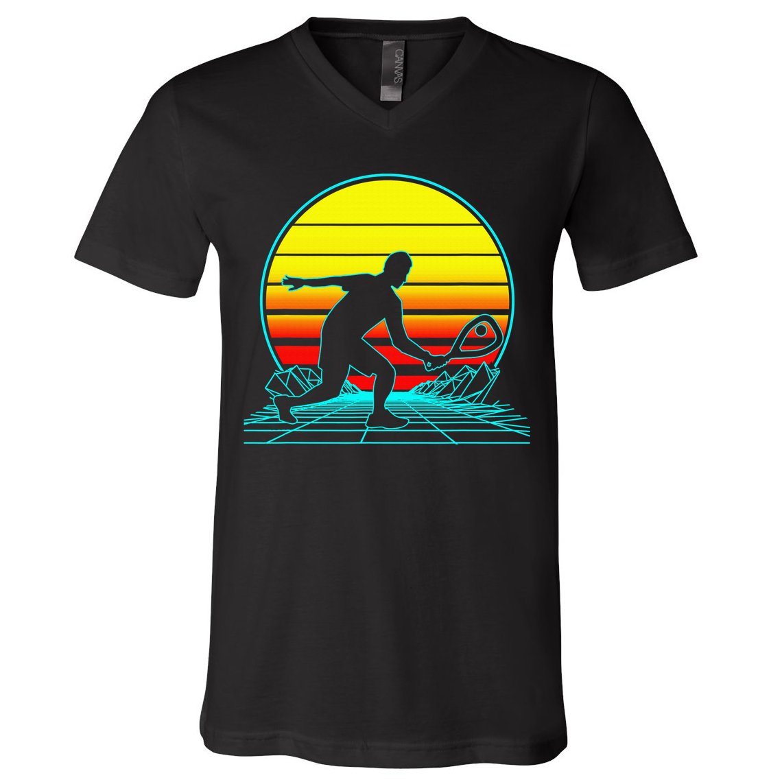 Cool Retro Sunset Vaporwave Racquetball Funny V-Neck T-Shirt