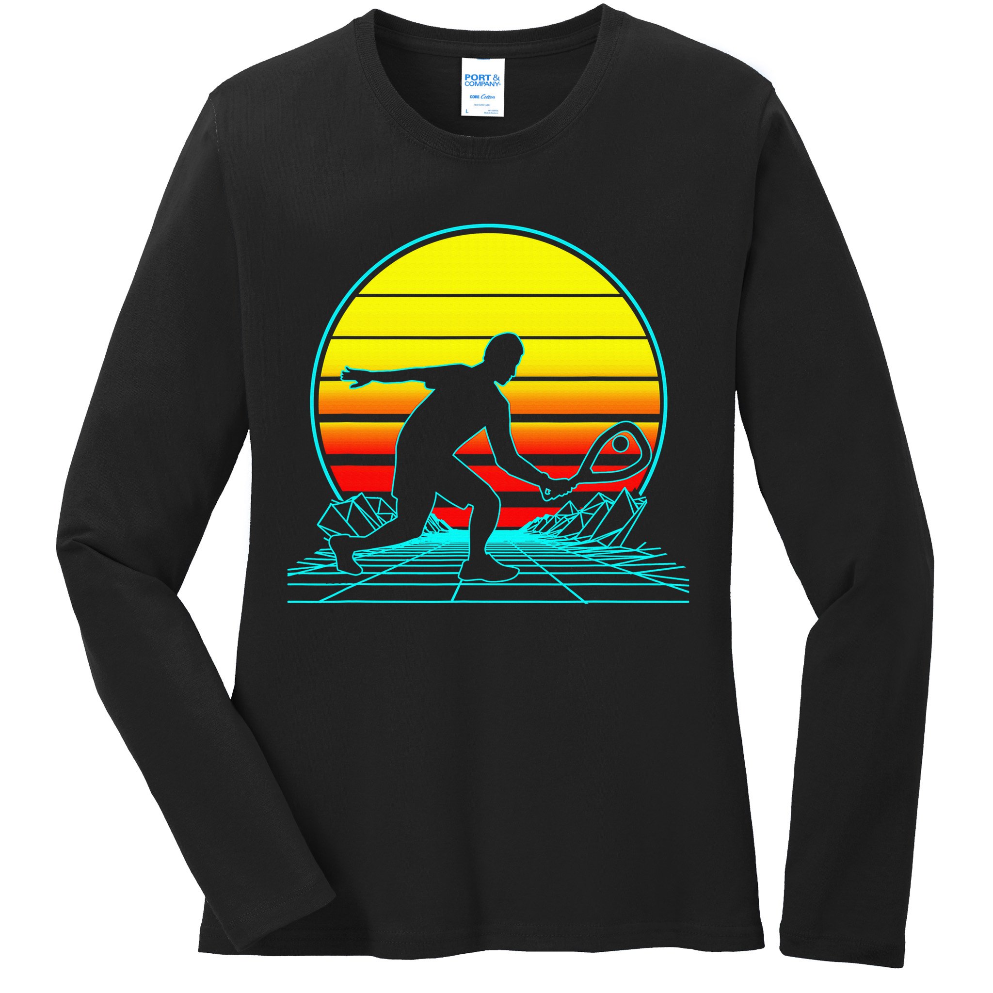 Cool Retro Sunset Vaporwave Racquetball Funny Ladies Long Sleeve Shirt