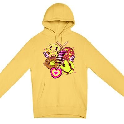 Cute Retro Softball Baseball Smiley Emoji Premium Pullover Hoodie