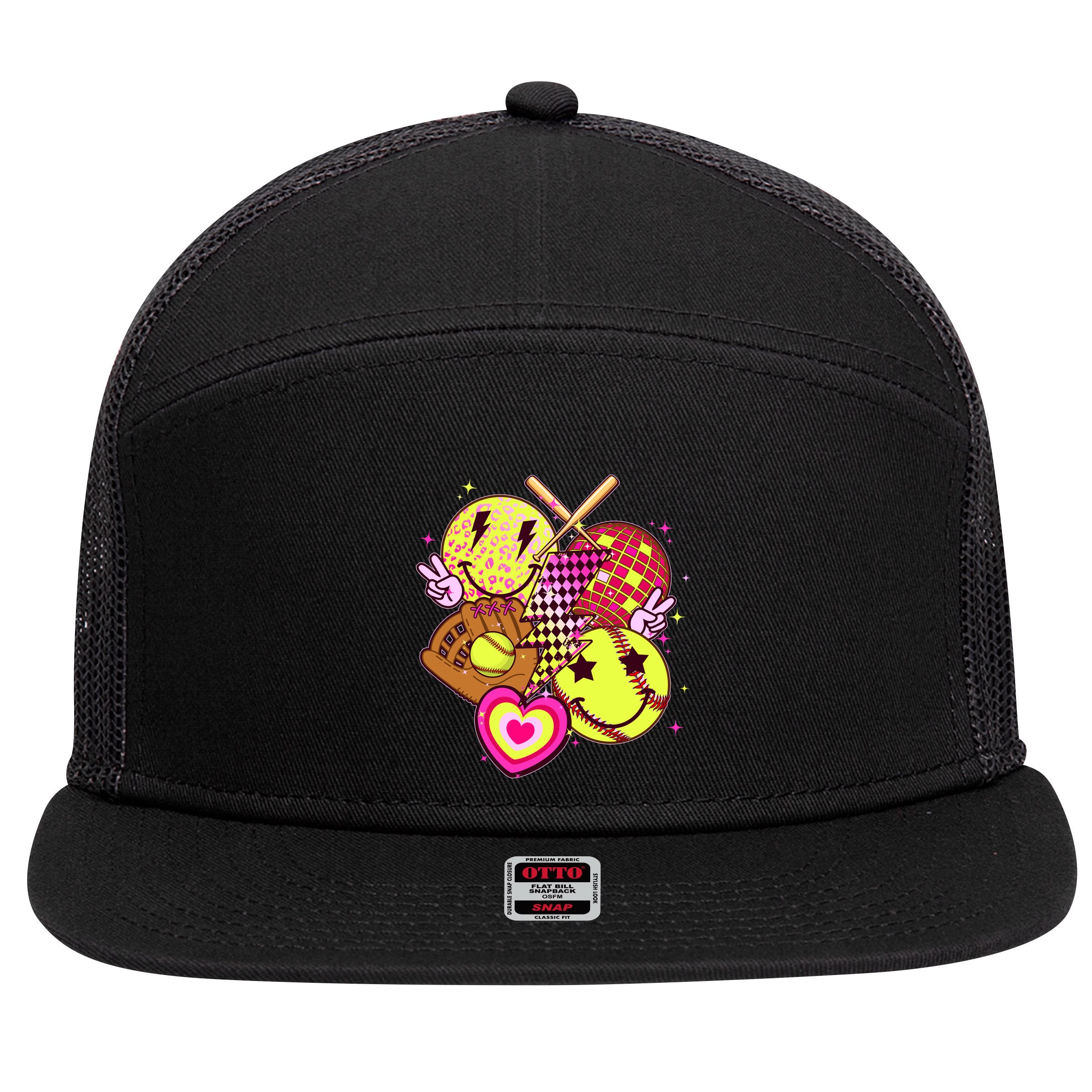 Cute Retro Softball Baseball Smiley Emoji 7 Panel Mesh Trucker Snapback Hat