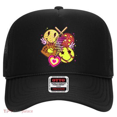 Cute Retro Softball Baseball Smiley Emoji High Crown Mesh Back Trucker Hat