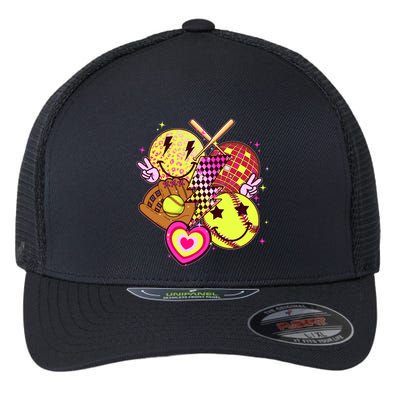 Cute Retro Softball Baseball Smiley Emoji Flexfit Unipanel Trucker Cap