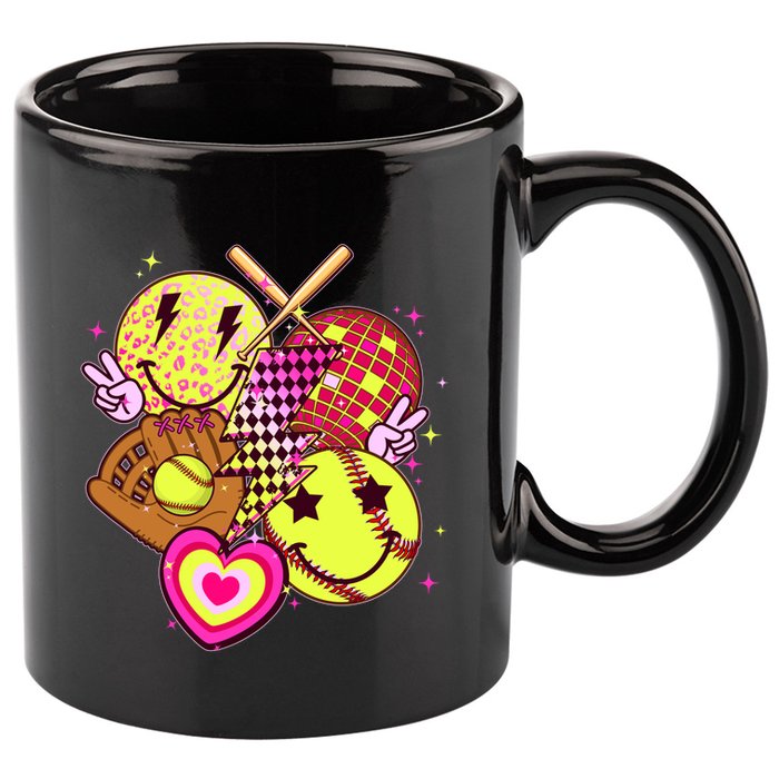 Cute Retro Softball Baseball Smiley Emoji 11oz C Handle Ceramic Mug