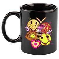 Cute Retro Softball Baseball Smiley Emoji 11oz C Handle Ceramic Mug