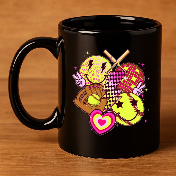 Cute Retro Softball Baseball Smiley Emoji 11oz C Handle Ceramic Mug