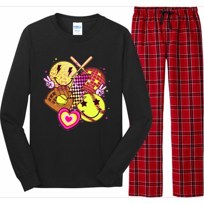 Cute Retro Softball Baseball Smiley Emoji Long Sleeve Pajama Set