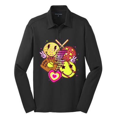 Cute Retro Softball Baseball Smiley Emoji Silk Touch Performance Long Sleeve Polo