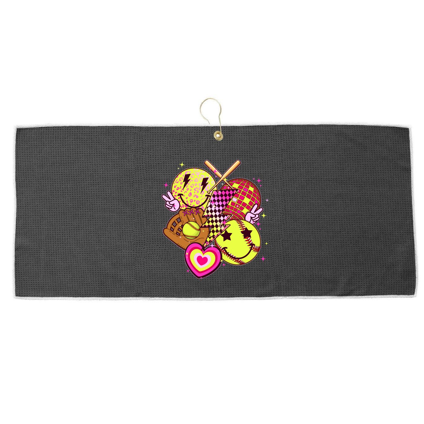 Cute Retro Softball Baseball Smiley Emoji Large Microfiber Waffle Golf Towel