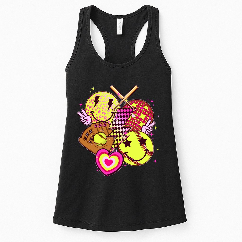 Cute Retro Softball Baseball Smiley Emoji Womens Tank Top
