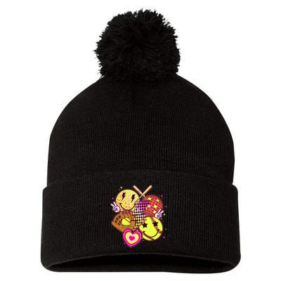 Cute Retro Softball Baseball Smiley Emoji Pom Pom 12in Knit Beanie