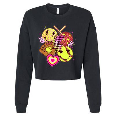 Cute Retro Softball Baseball Smiley Emoji Cropped Pullover Crew