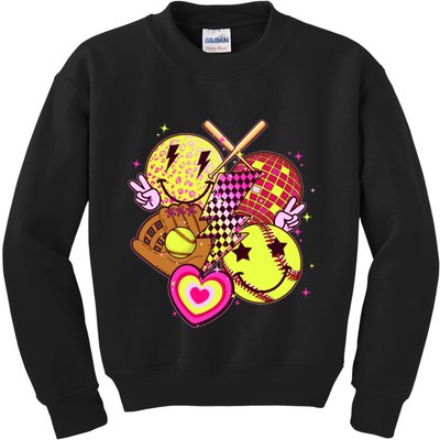 Cute Retro Softball Baseball Smiley Emoji Kids Sweatshirt