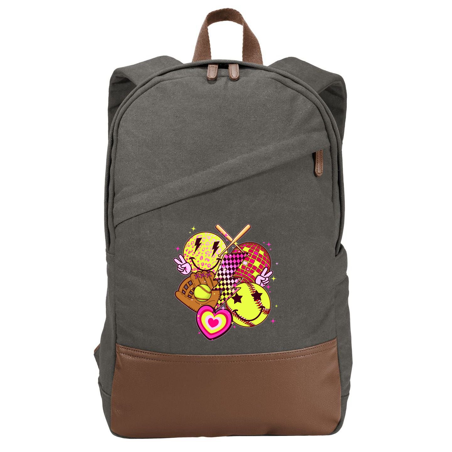 Cute Retro Softball Baseball Smiley Emoji Cotton Canvas Backpack