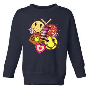 Cute Retro Softball Baseball Smiley Emoji Toddler Sweatshirt