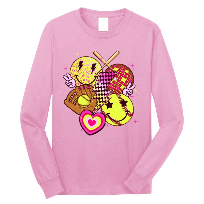 Cute Retro Softball Baseball Smiley Emoji Long Sleeve Shirt