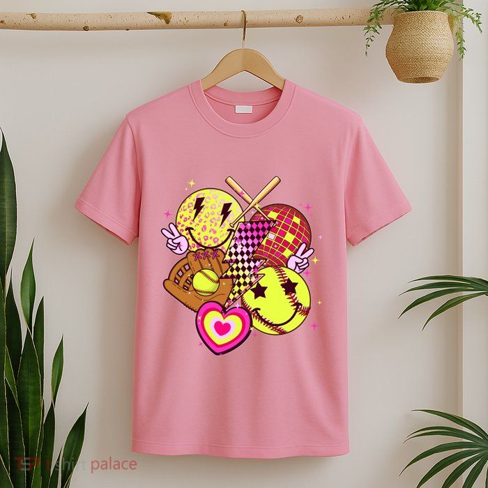 Cute Retro Softball Baseball Smiley Emoji T-Shirt