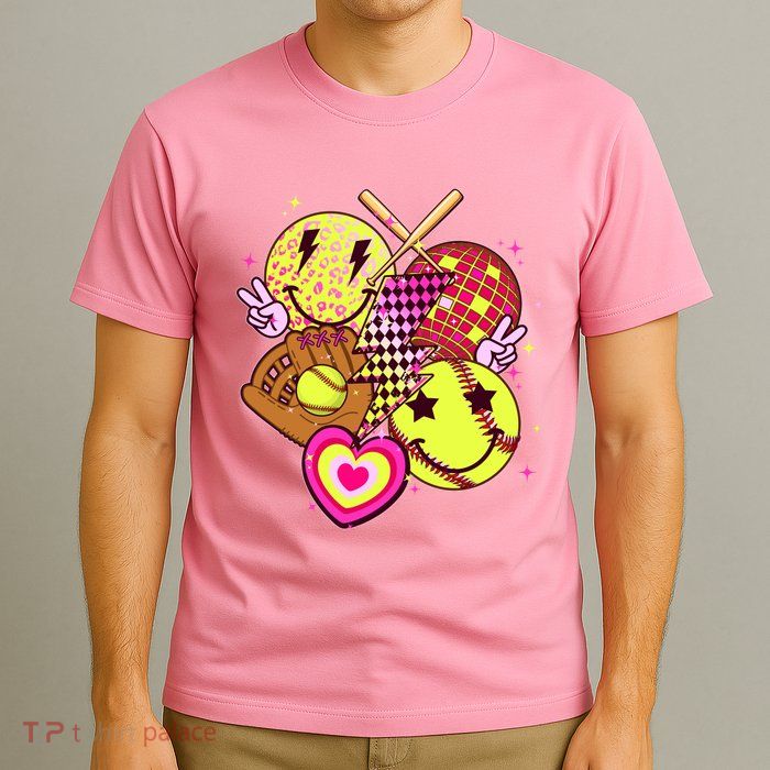 Cute Retro Softball Baseball Smiley Emoji T-Shirt